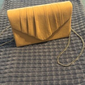 Tan Faux Suede Envelope Crossbody Bag with Silver Chain